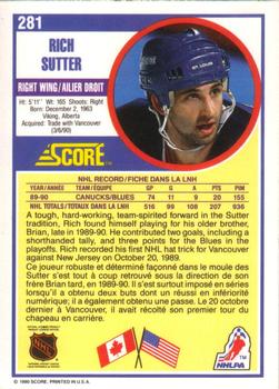 1990-91 Score Canadian #281 Rich Sutter Back