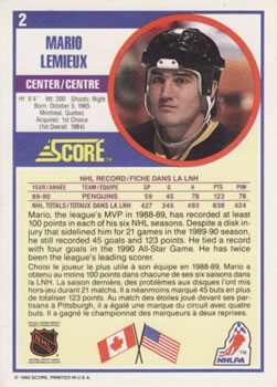 1990-91 Score Canadian #2 Mario Lemieux Back