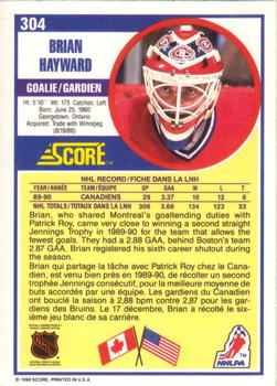 1990-91 Score Canadian #304 Brian Hayward Back
