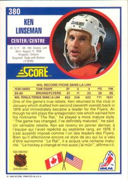 1990-91 Score Canadian #380 Ken Linseman Back
