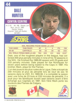 1990-91 Score Canadian #44 Dale Hunter Back