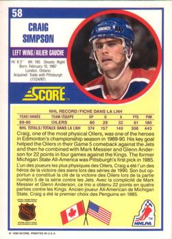 1990-91 Score Canadian #58 Craig Simpson Back