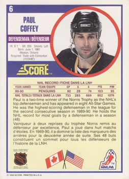 1990-91 Score Canadian #6 Paul Coffey Back