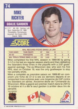 1990-91 Score Canadian #74 Mike Richter Back