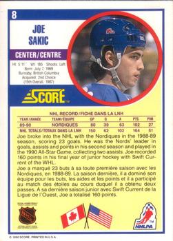 1990-91 Score Canadian #8 Joe Sakic Back