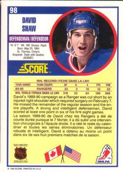 1990-91 Score Canadian #98 David Shaw Back