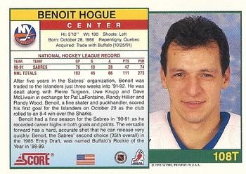 1991-92 Score Rookie and Traded #108T Benoit Hogue Back