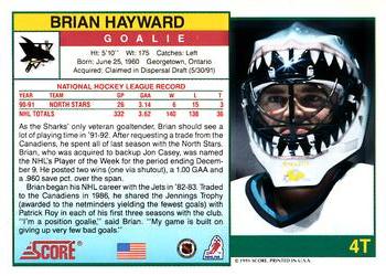 1991-92 Score Rookie and Traded #4T Brian Hayward Back