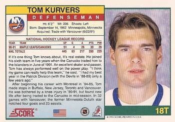 1991-92 Score Rookie and Traded #18T Tom Kurvers Back