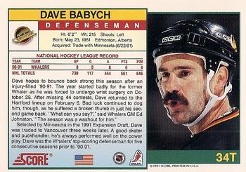 1991-92 Score Rookie and Traded #34T Dave Babych Back