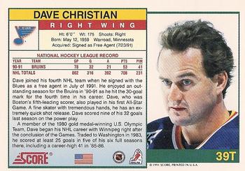 1991-92 Score Rookie and Traded #39T Dave Christian Back
