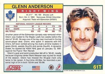 1991-92 Score Rookie and Traded #61T Glenn Anderson Back
