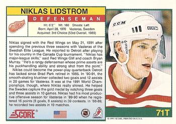 1991-92 Score Rookie and Traded #71T Nicklas Lidstrom Back
