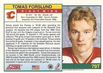 1991-92 Score Rookie and Traded #79T Tomas Forslund Back