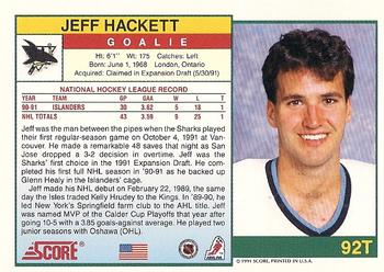 1991-92 Score Rookie and Traded #92T Jeff Hackett Back