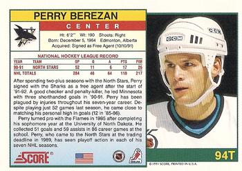 1991-92 Score Rookie and Traded #94T Perry Berezan Back