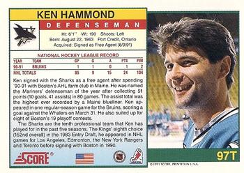 1991-92 Score Rookie and Traded #97T Ken Hammond Back
