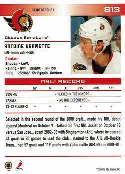 2003-04 In The Game Action - Cleveland National #613 Antoine Vermette Back