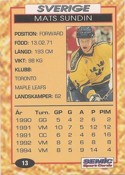 Card 62: Mats Sundin - Semic Ice Hockey 1995 