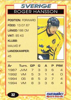 1995 Semic Globe VM (Swedish) #32 Roger Hansson Back