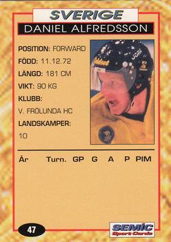 1995 Semic Globe VM (Swedish) #47 Daniel Alfredsson Back