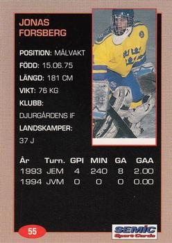 1995 Semic Globe VM (Swedish) #55 Jonas Forsberg Back