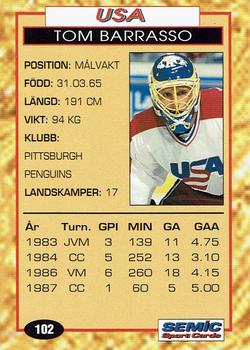 1995 Semic Globe VM (Swedish) #102 Tom Barrasso Back