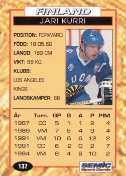 1995 Semic Globe VM (Swedish) #137 Jari Kurri Back