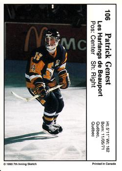 1990-91 7th Inning Sketch QMJHL #106 Patrick Genest Back