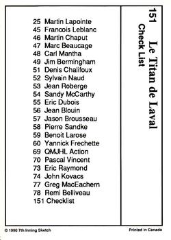 1990-91 7th Inning Sketch QMJHL #151 Laval Titan Back