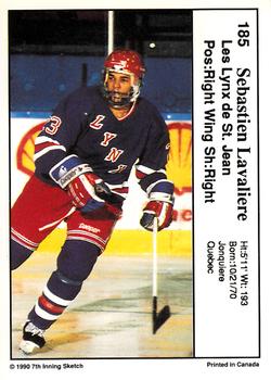 1990-91 7th Inning Sketch QMJHL #185 Sebastien Lavaliere Back