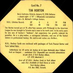 1961-62 York Peanut Butter (Yellow Back) #7 Tim Horton Back