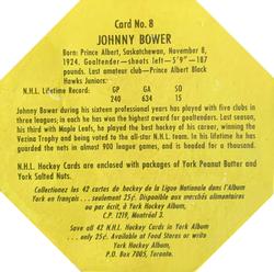 1961-62 York Peanut Butter (Yellow Back) #8 Johnny Bower Back