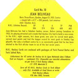 1961-62 York Peanut Butter (Yellow Back) #10 Jean Beliveau Back