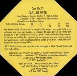 1961-62 York Peanut Butter (Yellow Back) #13 Carl Brewer Back