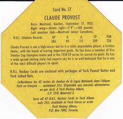 1961-62 York Peanut Butter (Yellow Back) #17 Claude Provost Back
