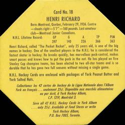 1961-62 York Peanut Butter (Yellow Back) #18 Henri Richard Back