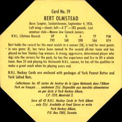 1961-62 York Peanut Butter (Yellow Back) #19 Bert Olmstead Back