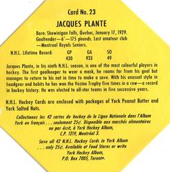 1961-62 York Peanut Butter (Yellow Back) #23 Jacques Plante Back