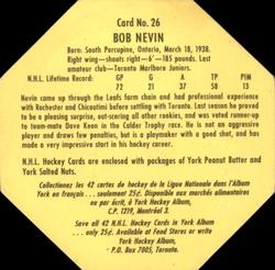 1961-62 York Peanut Butter (Yellow Back) #26 Bob Nevin Back