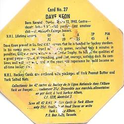 1961-62 York Peanut Butter (Yellow Back) #27 Dave Keon Back