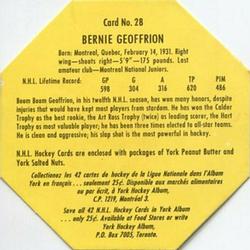 1961-62 York Peanut Butter (Yellow Back) #28 Bernie Geoffrion Back