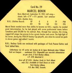 1961-62 York Peanut Butter (Yellow Back) #29 Marcel Bonin Back