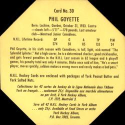 1961-62 York Peanut Butter (Yellow Back) #30 Phil Goyette Back