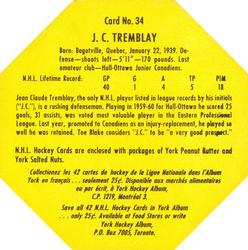 1961-62 York Peanut Butter (Yellow Back) #34 J.C. Tremblay Back