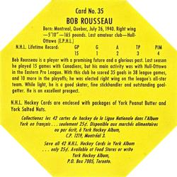 1961-62 York Peanut Butter (Yellow Back) #35 Bob Rousseau Back