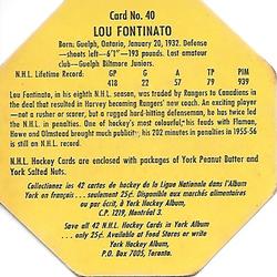 1961-62 York Peanut Butter (Yellow Back) #40 Lou Fontinato Back
