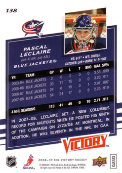 2008-09 Upper Deck Victory #138 Pascal Leclaire Back