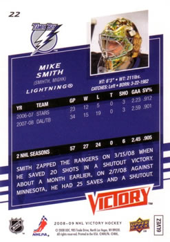 2008-09 Upper Deck Victory #22 Mike Smith Back