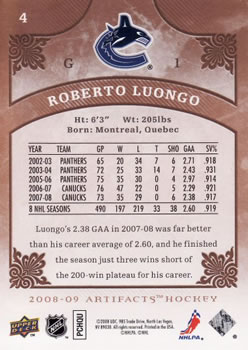 2008-09 Upper Deck Artifacts #4 Roberto Luongo Back